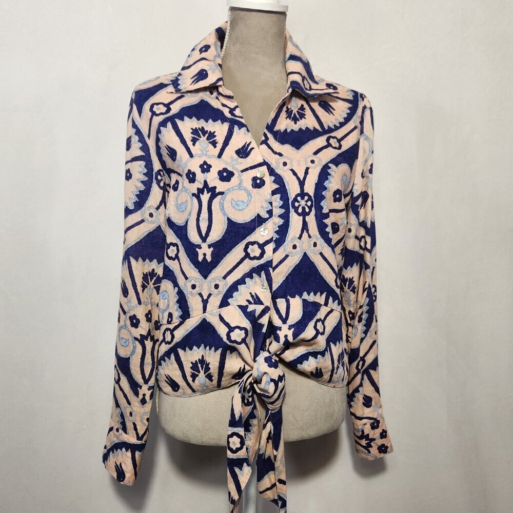 Christian Siriano NY Women's Size L Linen Blend Floral Tie Front Button Down Top - Picture 2 of 16